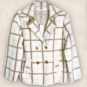 NWT Sage The Label Double Breasted Window Pane Soft Furry Pea Coat Women’s Sz S